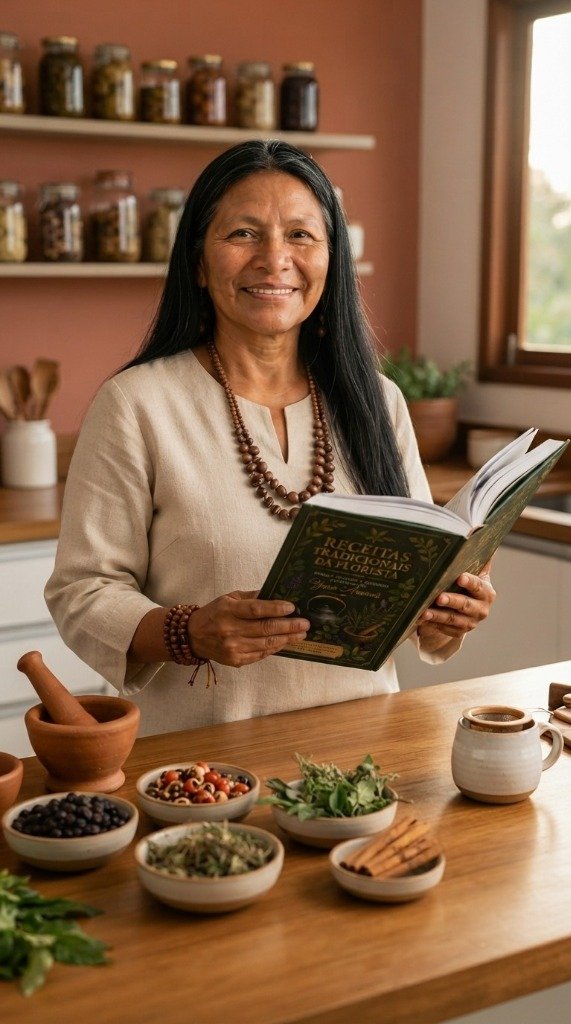 Yara segurando seu caderno de receitas e preparados caseiros